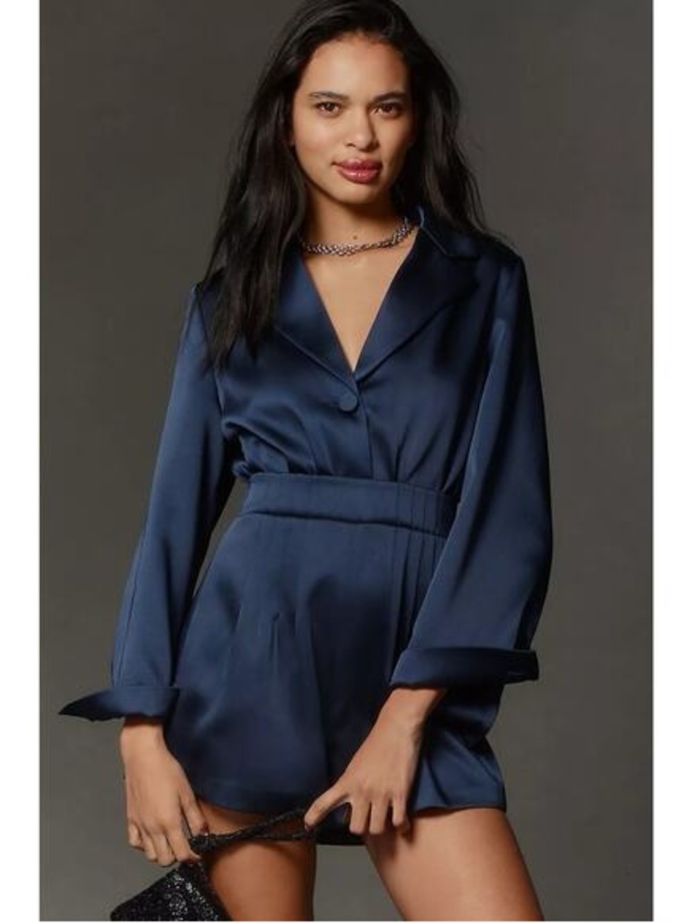 Navy Satin Long-Sleeve Blazer Romper - Mare Mare/Anthropologie